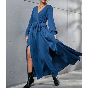 Split Thigh Bishop Sleeves Hight Waist Belted Maxi Dress